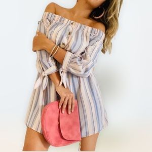 Hint of Blush striped off the shoulder mini dress